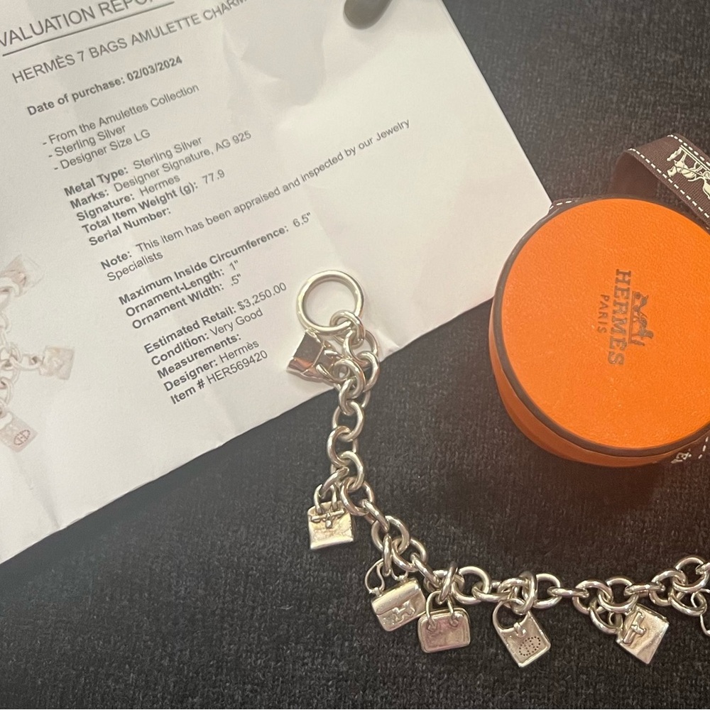 Hermes Silver Charm Bracelet Birkin,Kelly , Constance , Evelyne the cutest ever!